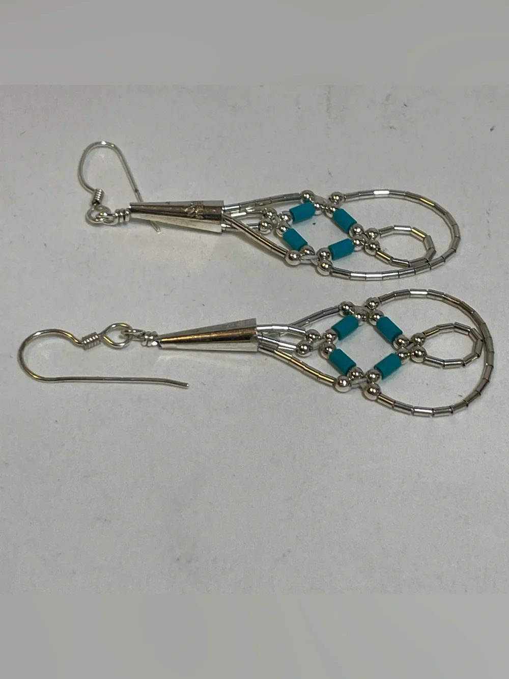 VTG Handmade Liquid Silver Heishi Turquoise Beads Dangle Hook Earrings READ
